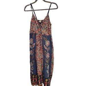 Magic Womens Midi Dress Sz Small Navy/Red Spaghetti Strap Cotton Lined Floral